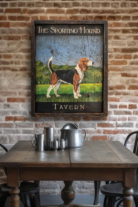 The Sporting Hound Tavern Sign - Original Hand-Painted Artwork on Reclaimed Barn Wood - Available as reproductions on Etsy Scotland Wallpaper, Tavern Decor, Tavern Sign, Pub Party, Prancing Pony, Beagle Hound, Rustic Painting, Trade Sign, Pub Food