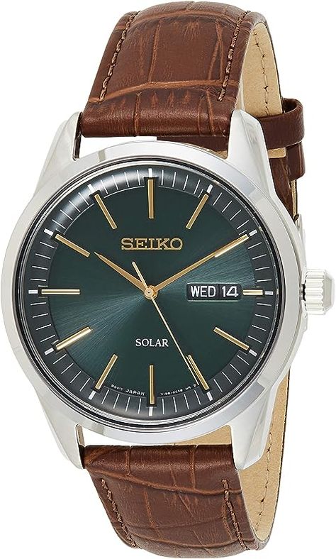 Seiko Men's Analog Solar Watch with Leather Strap SNE529P1 : Amazon.co.uk: Fashion Seiko Dress Watch, Watch With Leather Strap, Seiko Solar, Solar Watch, Seiko Men, Green Watch, Seiko Watches, Brown Leather Strap, Watch Gifts