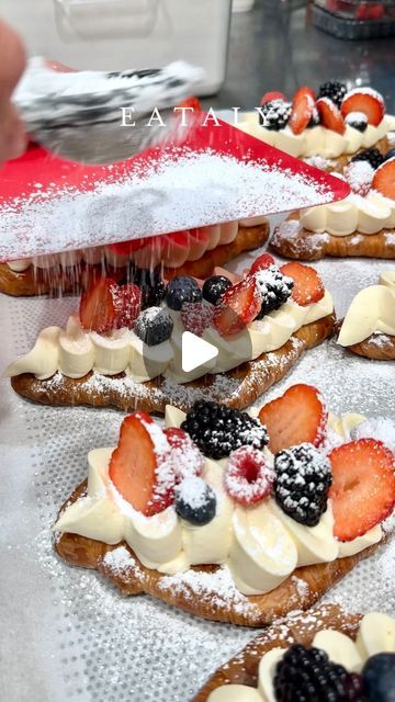 Croissant With Fruit, Berry Cheesecake Croissant, Flat Croissant Recipe, Flattened Croissant, Eataly London, Flat Croissant, Crossiant Recipes, Cherry Recipes Dessert, Bridgerton Party