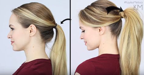 Most of us think of ponytails as that thing we do with our hair when we’re working out, cleaning, running errands or just avoiding the hassle of a hairstyle. With just a few easy tweaks, though, it can be an extra-special look WITHOUT extra-special time... Ponytail Trick, Volume Ponytail, Hair In A Ponytail, Perfect Ponytail, A Ponytail, Ponytail Styles, Jennifer Aniston, Hair Dos, Ponytail Hairstyles