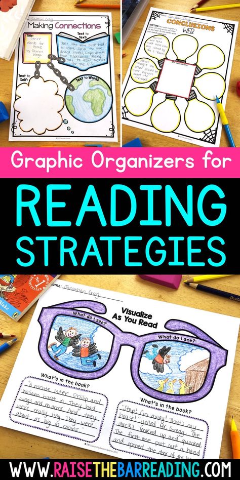 This blog post, Using Graphic Organizers for Teaching Reading Comprehension Strategies, details the importance of using graphic organizer templates for reading strategy instruction in the upper elementary classroom (3rd, 4th, 5th, and 6th grade). These include reading strategies like visualizing, making predictions, making inferences, and drawing conclusions. Raise The Bar Reading, Graphic Organizer For Reading, Teaching Reading Strategies, Teaching Board, Teaching Reading Comprehension, Classroom Hacks, 6th Grade Reading, Teaching Third Grade, Background Knowledge