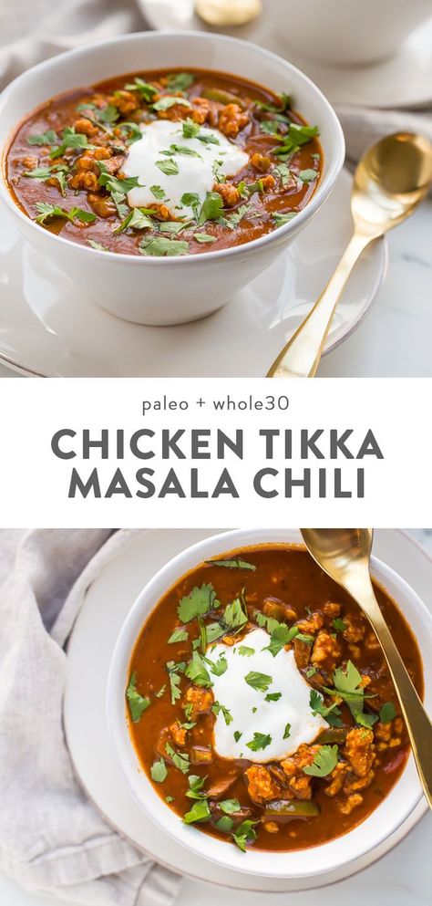 This chicken tikka masala chili is the stuff your dreams are made of. This Whole30 chili has a rich and creamy tomato sauce, with beautiful caramelized onions, garlic, and chiles, loaded with tender ground chicken and veggies. Inspired by my beloved chicken tikka masala recipe, this chicken tikka masala chili is a must make for fall! It'll surely become your favorite Whole30 chili, too. #chili #whole30 #indian #healthyrecipes Paleo Bites, Whole30 Chili, Soup Sunday, Wild Rose Detox Recipes, 40 Aprons, Clean Eating Vegetarian Recipes, Clean Eating Vegetarian, 30 Diet, Chicken Tikka Masala Recipes