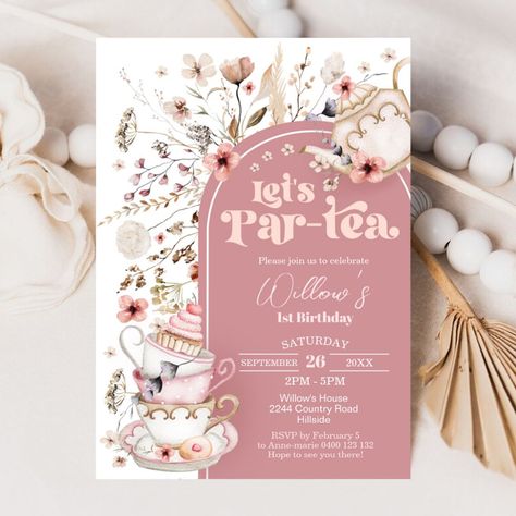 Gorgeous Wildflower Tea Party Invitation First Bday Tea Party, 60th Birthday Tea Party Ideas, Birthday Party Tea Party Theme, Three Tea Party, Yea Party Invite, Tea Party Games For Adults, Lets Partea Birthday, Tea Party Invites Template, Birthday Tea Party Invitations