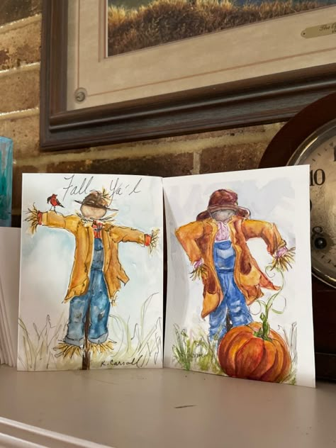 Scarecrow Watercolor Painting, Thanksgiving Watercolor Paintings, Scarecrow Paintings, Watercolor Scarecrow, Scarecrow Watercolor, Seasonal Paintings, Halloween Watercolor Illustration, Fall Watercolors, Scarecrow Drawing