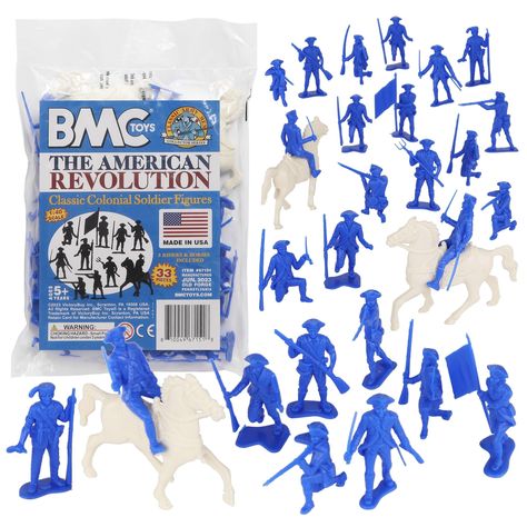 PRICES MAY VARY. BMC Classic MPC Revolutionary War Colonial Soldiers Colors: Blue Soldiers and White Horses Size: Figures stand up to 2 inches tall Scale: Approximately 1:40 Packaging: Polybag with Insert Card From the CLASSIC ARMY MEN COLLECTOR SERIES, BMC Toys brings 1776 (and 1976) to the 21st century. The American Revolutionary War Colonial Soldiers 33 piece set includes 30 figures in 10 different poses and 3 horses. Troops stand up to 2 inches tall and are made from slightly stiff Blue colo Pose Standing, Battle Of Bunker Hill, Army Men Toys, Plastic Toy Soldiers, Plastic Army Men, Plastic Soldier, Small Soldiers, 3 Horses, Kids Math