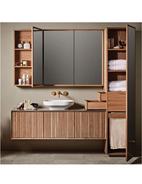 wood framing on mirrored cabinet Cupboard Ideas Bathroom, Modern Bathroon, Mirror Cabinet Bathroom, Reece Bathroom, Bathroom Cabinets Designs, Partition Walls, Mirrored Cabinet, Wood Sink, Small Bathroom Renovation