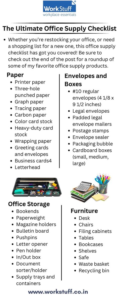 Office Supplies Checklist, Office Supplies List, Office Things, Edward Jones, Essential Office Supplies, Office Organization At Work, Organizing Paperwork, Entrepreneur Advice, Office Printers