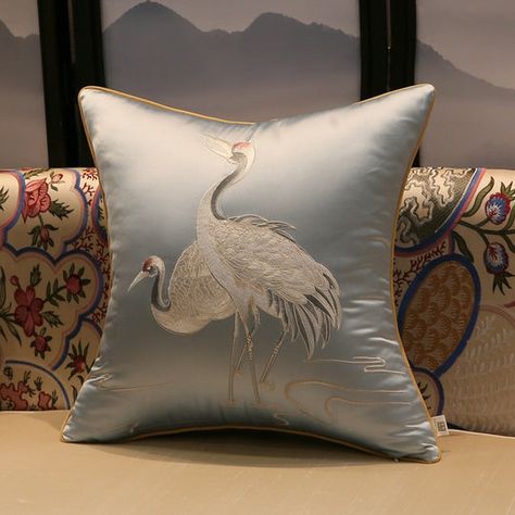 It's no coincidence these gorgeous pillow covers are flying off the shelves! They embody the Monstera Drive aesthetic with eye-catching designs, vibrant colors and high quality materials. Grey Pillow Cases, Bird Embroidery Pattern, Living Room Size, Crane Bird, Nature Inspired Decor, Luxury Cushions, Bird Embroidery, Grey Pillows, Cover Style