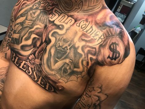 Chest tattoo money bag fill in blessed Chest Tattoo Filler Men, Chest Filler Tattoo Men, Tattoo Fill In Ideas, Chest Tattoo Filler, Ak47 Tattoo, Full Chest Tattoos, Casino Tattoo, Chicano Style, Tattoo Filler