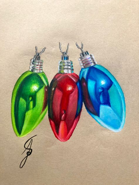 Art Realism Drawings Colored Pencils, Christmas Bulbs Drawing, Christmas Drawing Ideas Realistic, Christmas Realistic Drawings, Christmas Color Pencil Drawings, Christmas Drawings Realistic, Sketchbook Ideas Color Pencil, Colored Pencil Christmas Art, Christmas Colored Pencil Drawings