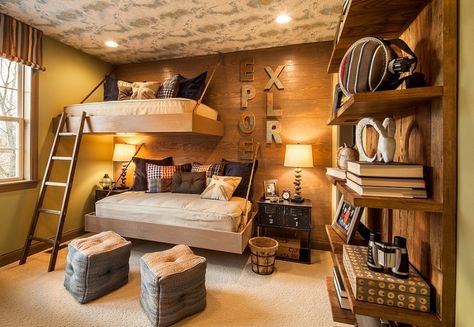 23 Creative And Cozy Rustic Kids Bedrooms | Kidsomania Rustic Kids Rooms, Rustic Room Decor, Rustic Bedroom Design, Rustic Bedroom Furniture, Space Saving Beds, Comfy Bedroom, Bunk Bed Designs, Rustic Bedroom Decor, Teen Boy Bedroom