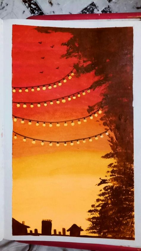 Evening Acrylic Painting, Orange Scenery Painting, Orange Monochromatic Painting, Painting Ideas On Canvas Rectangle, Evening Painting Easy, Orange Sunset Painting Easy, Red Background Painting Easy, Orange Canvas Painting Ideas, Dawn Sky Painting