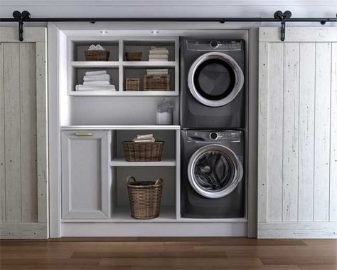 Front Load vs Top Load Washer Showdown: Is There a Winner? Stacked Laundry, Laundry Room Stackable, Laundry Room Storage Shelves, Small Laundry Room Organization, Room Storage Diy, Stackable Washer And Dryer, Modern Laundry Rooms, Basement Makeover, Laundry Closet