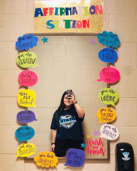 Chalked By Caitlyn on Instagram: “Remember when I created this Affirmation Station in the speech room at Sweeny Elementary last year? Well today it was featured on…” Counseling Posters, Affirmation Station, Teacher Craft, Speech Room, Words Of Affirmation, School Signs, An Exercise, You Are Amazing, Graduate School