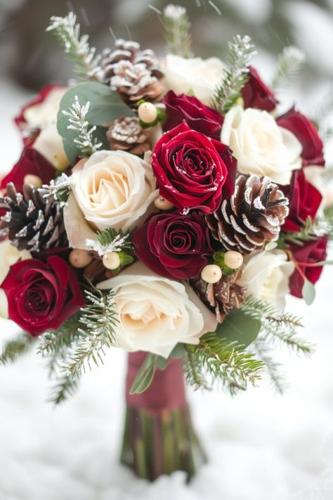 Winter wedding bouquets embody the season's serene elegance with rich, deep hues. Click here for more ideas. Wedding Ideas Christmas Theme, December Wedding Ideas On A Budget, Christmas Themed Wedding Bouquet, Christmas Wedding Bouquet Poinsettia, Diy Christmas Wedding Bouquet, Rustic Christmas Wedding Bouquet, Christmas Bridal Bouquet Cascading, Winter Wedding Bouquets Bride, Wedding Bouquets Bride Winter