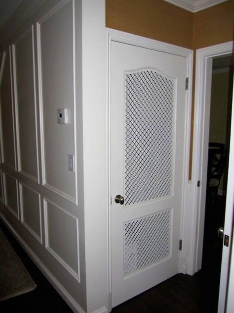 What a cool idea, custom vent panels for a pantry door that really pops Water Heater Closet, Furnace Room, Utility Room Designs, Basement Doors, Laundry Room Doors, Ventilation Design, Pantry Door, Laundry Mud Room, Up House