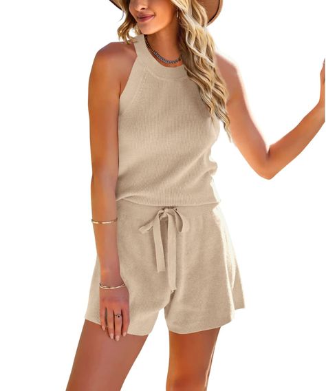 PRICES MAY VARY. These women's lounge set are knit, slight strtech and easy on the skin, will keep you from daily stresses and provide you a soft and comfortable. Top: sleeveless, halter neck, relaxing fit casual tank tops. Shorts: Tie knot front, Drawstring waist, plain color shorts for women and girl. The 2 piece shorts set is suit for casual, daily, shopping, beach, vacation, home wear, etc Machine washable, better hand wash in cold water; Do not bleach; Hang flat to dry. 2 Piece Women Lounge Womens Lounge Outfits, Retro Overalls, Jumpsuit Jeans, Womens Loungewear Sets, Linen Overalls, Short Loungewear, Tank Top Outfits, Overalls Pants, Jumpsuit Pattern