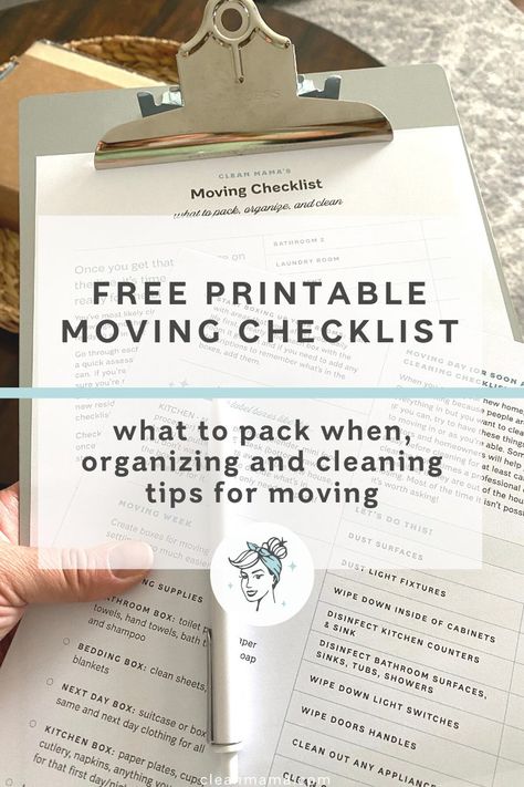 Free Printable : Moving Checklist – Clean Mama Packing Checklist Moving, Moving Cleaning Checklist, Moving Checklist Printable, Moving Binder, Moving Printables, Moving Timeline, Binder Printables Free, Moving Packing List, Moving Planner