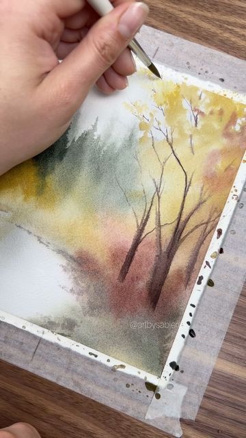 Sable on Instagram: "A quiet spot out by the creek  8x10” + mini 💛  #watercolor #watercolorpainting #autumn #fall #autumnpainting #watercolorlandscape" Watercolor Tutorial Landscape, Fall Watercolor Art, Fall Landscape Painting, Mini Watercolor, Paintings Easy, Landscape Watercolor, Watercolor Paintings Easy, Watercolor Ideas, Fall Watercolor