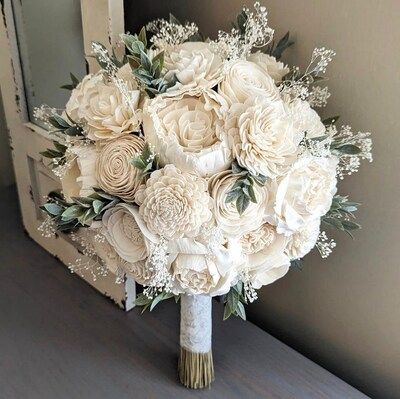 Ivory Sola Wood Flower Bouquet with Baby's Breath and Greenery - Bridal Bridesmaid Toss | MakerPlace by Michaels Ivory Bouquet, Handmade Wedding Bouquet, Wedding Flowers Roses, Wood Flower Bouquet, White Roses Wedding, Ribbon White, White Bridal Bouquet, Faux Greenery, Fall Wedding Bouquets