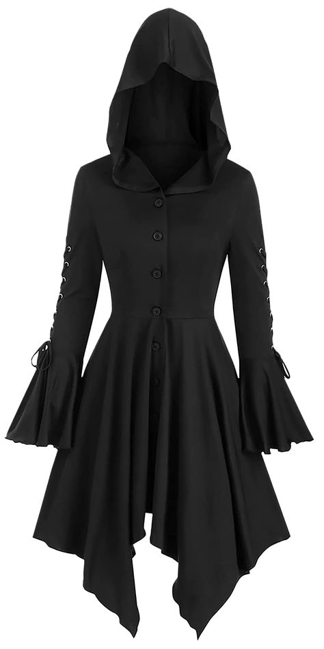 PRICES MAY VARY. High Quality Material - The hooded steampunk dress made of 65% cotton and 35% polyester, comfortable, breathable, elastic, durable,lace hollow stitching fabric, full of personality, mystery, fashion. Lace Up Gothic Dress - Hooded Retro Dress, Button Up Closure, adjustable sleeve lacing flared sleeves, swinging hanky hem design and waist-cinching design to show your figure curves and Elegance. Gothic Steampunk Irregular Dresses - Stretch Halloween Witch Dress can be used as a cos Punk Costume, Cloak Dress, Medieval Cloak, Poet Sleeve, Gothic Coat, Gothic Skirt, Women Costume, Gothic Vintage, Hanky Hem