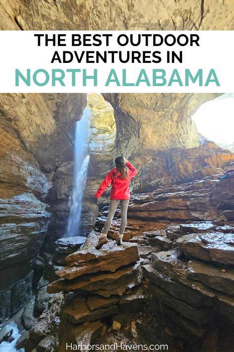 A women in a red jacket stands on a rock in a cavern with a waterfall flowing to her left. North Alabama Things To Do In, Alabama Vacation, East Coast Usa, North Alabama, Alabama Travel, Waterfall Hikes, Usa Travel Destinations, Travel Board, Usa Travel