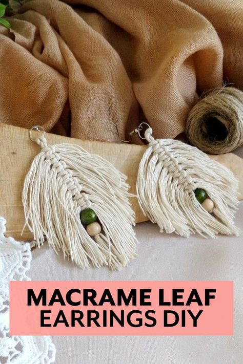 Macrame Leaf Earrings tutorial from Craftsy Hacks - J. Conlon and Sons Macrame Feather With Beads, Macrame Feather Earrings Diy, Diy Boho Earrings Tutorials, Macrame Earrings With Beads, How To Make Macrame Earrings, Macrame Earrings Diy Tutorials, Macrame Earrings Diy How To Make, Diy Macrame Earrings Tutorials, Yarn Earrings Diy