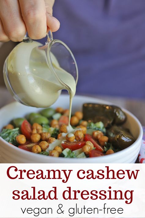 You're going to want to put this garlicky creamy cashew salad dressing on everything. It stands up to massaged kale. It's great on romaine with croutons. Keep a batch in the refrigerator at all times, and watch as your salad intake increases. #vegan #glutenfree #salad Cashew Salad Dressing, Cashew Salad, Raw Sauerkraut, Low Calorie Meals, Restaurant Appetizers, Spicy Cashews, Coconut Bacon, Massaged Kale, Kale Salad Recipes