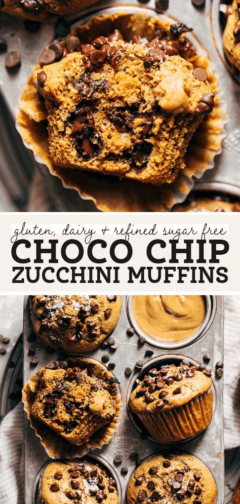 These healthy zucchini muffins are so good that you would never know they're gluten free, dairy free, and naturally sweetened! These muffins are so moist, so flavorful, and so easy to make! Bake a batch for the week for a sweet afternoon snack! #zucchinimuffins #healthyrecipes #healthydesserts #butternutbakery | butternutbakeryblog.com Zucchini Muffins Chocolate Chip, Gluten Free Oatmeal Muffins, Healthy Protein Muffins, Healthy Zucchini Muffins, Gluten Free Dairy Free Muffins, Healthy Chocolate Chip Muffins, Muffins With Chocolate Chips, Zucchini Muffins Healthy, Dairy Free Muffins