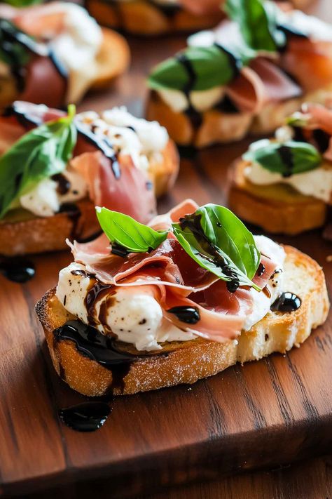 Prosciutto Crostini with Balsamic Glaze Balsamic Crostini Appetizers, Recipes That Use Balsamic Glaze, Single Person Charcuterie Board, Crostini Appetizers Prosciutto, Burrata Crostini Appetizers, Prosciutto Brie Appetizer, Fig And Prosciutto Appetizer, Crostini Board Ideas, Thanksgiving Appetizers Crostini