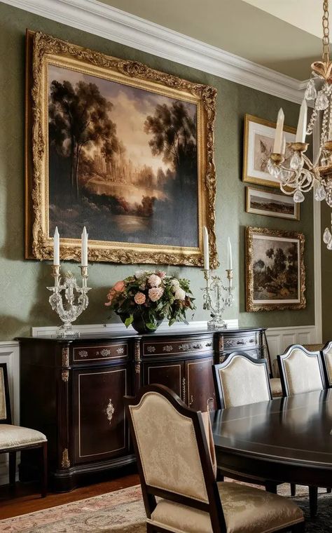 23 Traditional Dining Room Ideas to Elevate Your Home's Style Heritage Dining Room, Dining Room Artwork Traditional, Colonial Formal Dining Room, Traditional Dining Room Wall Decor, Old Style Dining Room, Neo Classical Dining Room, Traditional Southern Dining Room, Victorian House Dining Room, Old Money Dining Room Aesthetic