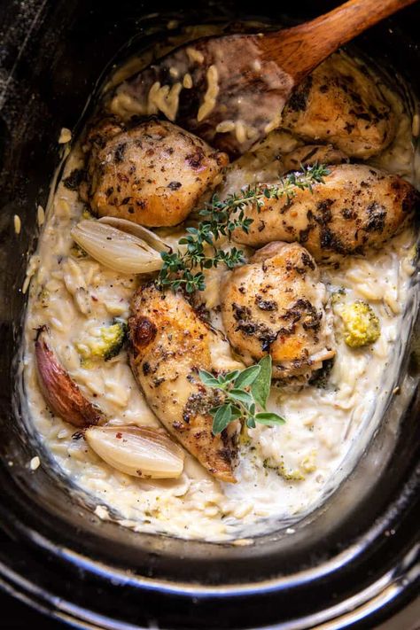 Slow Cooker Mustard Herb Chicken and Creamy Orzo | halfbakedharvest.com Orzo Half Baked Harvest, Orzo Healthy, Sunday Food, Creamy Orzo, Food Monster, Half Baked Harvest Recipes, Chicken Dance, Slow Cooked Chicken, Slow Cooker Pasta