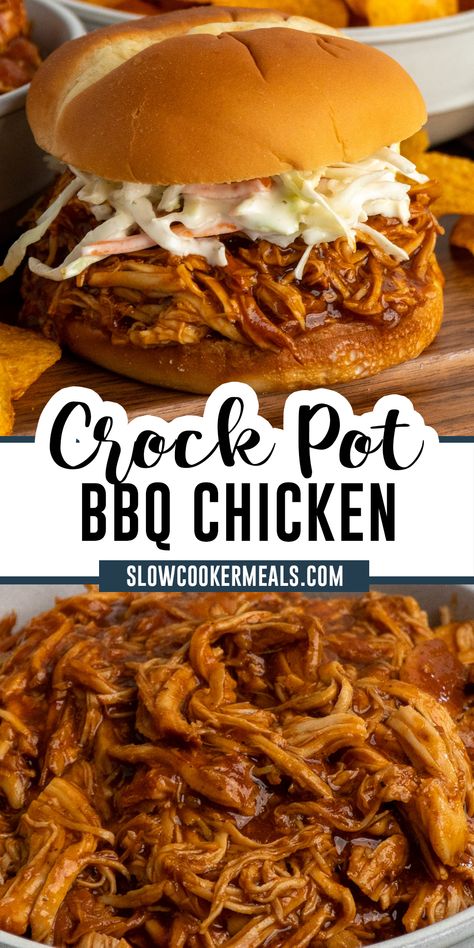 Transform dinner with this effortless Crockpot BBQ Chicken recipe! Juicy, shredded chicken infused with irresistible BBQ flavors, all made right in your slow cooker. Perfect for sandwiches, wraps, salads, or even loaded onto baked potatoes. A versatile and delicious dinner idea for any night of the week! Barbecue Shredded Chicken Crock Pot, Crockpot Pulled Chicken Bbq, Bbq Chicken Crockpot Recipes, Pulled Bbq Chicken Crock Pot, Crockpot Bbq Chicken Recipes, Shredded Bbq Chicken Crockpot, Crock Pot Bbq Pulled Chicken, Crockpot Bbq Pulled Chicken, Ingredients Substitutions