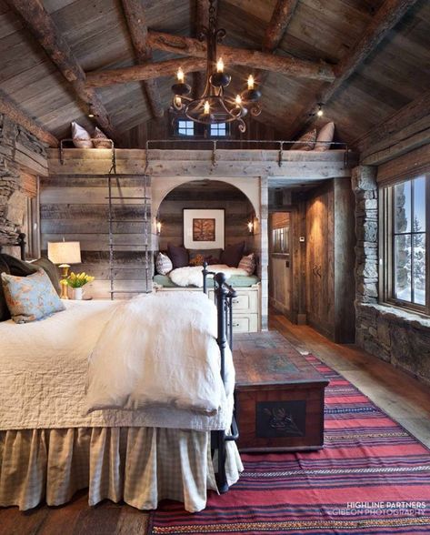 A rustic mountain retreat perfect for entertaining in Big Sky Cabins Interiors, Cozy Mountain Home, Rustic Houses, Rustic Homes, Log Home Interiors, Dream Cabin, Cozy Cabins, Decor Ikea, Cabin Interiors