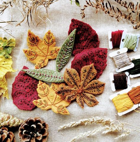 Autumn Leaf Felt Garland Kit - Featherstitch House Felt Leaf Garland Autumn, Autumn Fabric Crafts, Felt Autumn Leaves, Felt Autumn Garland, Autumn Felt Garland, Felt Leaves Garland, Felt Autumn Decorations, Autumn Leaf Embroidery, Chestnut Garland