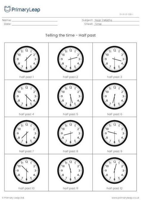 A year 1 maths resource including 12 images of clock faces showing the time from half past 1 to half past 12. Telling Time In English, Tell The Time Clock, Kindergarten Telling Time, Elapsed Time Worksheets, Daily Routine Worksheet, Math Minutes, Clock Worksheets, Teaching Clock, Telling Time Practice