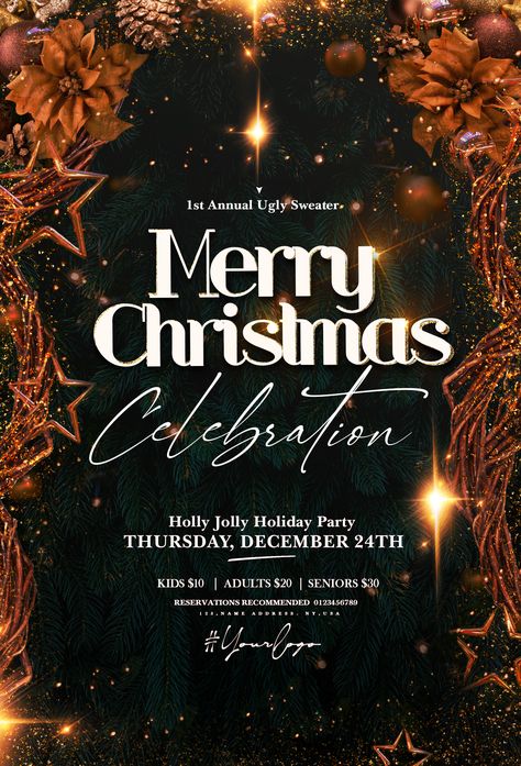 Download Holly Jolly Christmas Party Flyer PSD Flyer Template for free. A professional flyer design which works perfect for any Merry Christmas Invitiation, x-mas party, celebrating holidays & more. #Christmasevent #Flyer#psd #ChristmasFlyer Christmas Flyer Design Background, Christmas Background Poster, Christmas Event Poster Design, Christmas Party Design, Christmas Flyer Design, Holiday Party Flyer, Christmas Poster Design, Christmas Party Flyer, Stand Mic