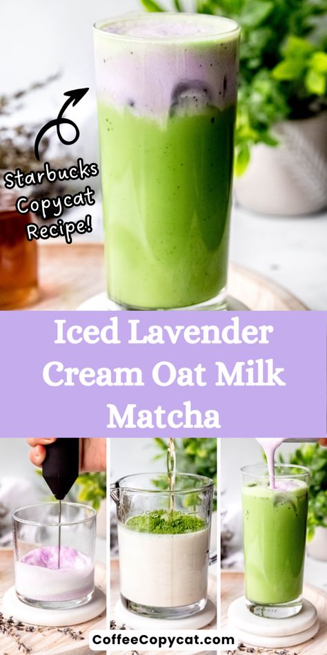 Iced Lavender Cream Oat Milk Matcha (Starbucks Copycat) - coffeecopycat.com Matcha Oat Milk, Starbucks Matcha Green Tea, Matcha Latte Starbucks, Matcha Starbucks, Lavender Drink, Matcha Drink Recipes, Matcha Tea Latte, Matcha Green Tea Recipes, Starbucks Matcha