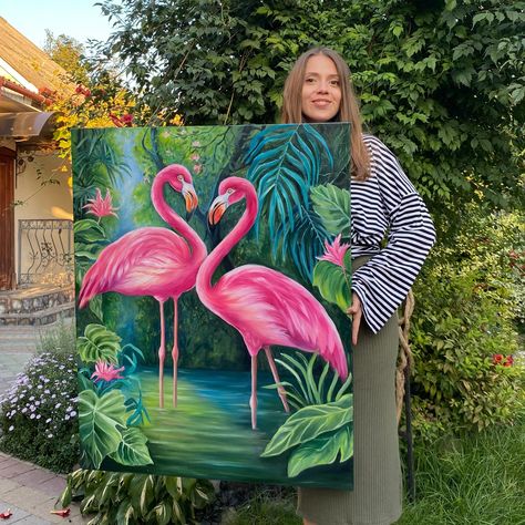 Rectangular Canvas Painting Ideas, Flamingo Painting Acrylic, Large Canvas Painting Ideas Acrylics, Rainforest Painting, Pink Flamingo Painting, Painting Flamingo, Flamingo Artwork, Bird Painting Acrylic, Animal Paintings Acrylic