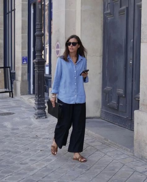 13 Ways To Style A Denim Shirt | Le Chic Street Linen Shirt Denim Shorts, Ladies Denim Shirt Outfit, Blue Linen Shirt Outfit Women Summer, Black Denim Trousers Outfit, Linen And Denim Outfits, Open Denim Shirt Outfit, Light Denim Shirt Outfit Women, Blue Chambray Shirt Outfit, Denim Shirt Outfit Women 2023