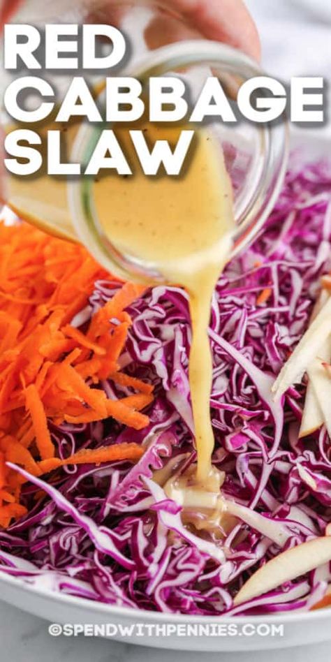 Red Cabbage Slaw is a great make-ahead salad for a potluck or backyard BBQ! The dressing is creamy, tangy and so easy to make!  #spendwithpennies #redcabbageslaw #recipe #sidedish #BBQ #potluck Red Cabbage Slaw Recipes, Purple Cabbage Slaw, Classic Coleslaw Recipe, Cabbage Slaw Recipes, Bbq Potluck, Food Thoughts, Red Cabbage Recipes, Food Savory, Red Cabbage Salad