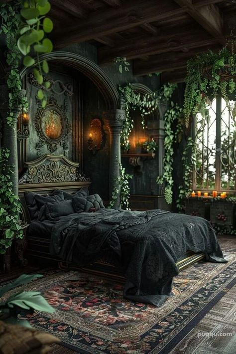 Dark Princess Bedroom Aesthetic, Dark Fairycore Bedroom, Dark Cozy Bedroom Ideas Romantic, Black Themed Bedroom, Green And Black Bedroom, Dark Bedroom Decor, Dark Cozy Bedroom, Chambre Inspo, Dream Bedroom Inspiration