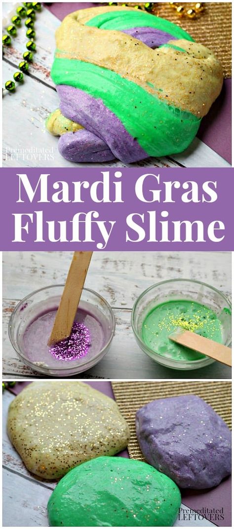 Mardi Gras Fluffy Slime Craft #ArtsAndCrafts #KidsCrafts #Crafts #DIY #MardiGras Mardi Gras Classroom Activities, Mardi Gras School Activities, Mardi Gras Arts And Crafts For Kids, Kids Mardi Gras Party Ideas, Mardi Gras Crafts For Kids Preschool, Mardi Gras Crafts For Kids, Puffy Slime Recipe, Mardi Gras Classroom, Puffy Slime