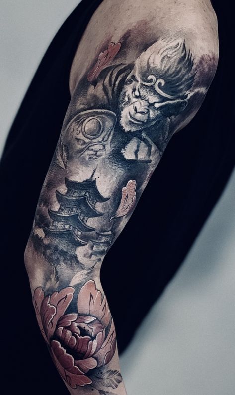 Sleeve tattoo by Faisal Al-lami @tattoo.sal  —— #sleevetattoo #art #monkeyking #monkey #art #drawing #darktattoo #inkedmag #besttattoo King Sleeve Tattoo, Monkey King Tattoo, Info Tattoo, The Monkey King, King Tattoo, King Tattoos, Monkey Art, Sleeves Ideas, Dark Tattoo