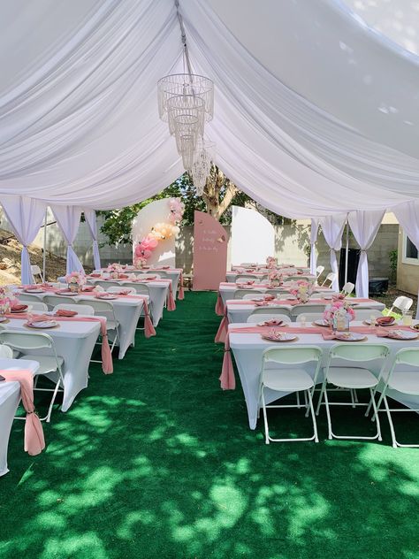 Outside Party Set Up, Pink Quinceanera Theme Outdoors, Party Tent Draping Ideas, Outdoor Tent Birthday Party Decoration, Outdoor Party Layout, White Party Tent Decorations, Quince Tent Decor, Quince Backyard Party, Canopy Party Decorations Tent