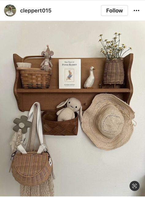 Decorating Nursery Shelves, Built In Wall Shelf Decor, Vintage Nursery Shelf Decor, Vintage Rabbit Nursery, English Cottage Style Nursery, Cottage Themed Nursery, Country Cottage Nursery, Vintage Bunny Nursery, Vintage Cottage Nursery