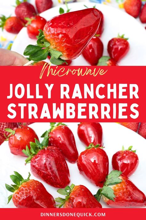 Enjoy a sweet and crunchy delight with my Jolly Rancher strawberries recipe! �🍓✨ Similar to tanghulu, you can experience the magic of candy-coated fruit in just a few simple steps. It's the spring time version of Jolly Rancher grapes! Perfect for satisfying your sweet tooth or impressing guests at your next gathering! #JollyRancher #Strawberries #CandyCoatedFruit Jolly Rancher Melted Candy, Candy Strawberries With Jolly Ranchers, Jolly Rancher Strawberries, Candy Grapes Recipes Jolly Rancher, Strange Desserts, Candy Coated Fruit, Jolly Rancher Grapes, Candied Strawberries Recipe, Jolly Rancher Apples