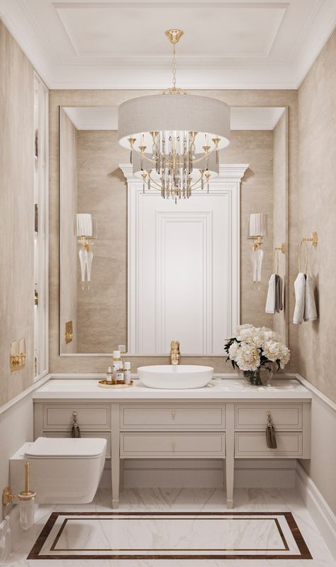 Classical Toilet Design, Classic Toilet Design, Tile Behind Vanity, Classic Bathroom Design Luxury, Bathroom Classic Luxury, Parisian Style Bathroom, Glamorous Bathroom Decor, Classic Bathroom Design, French Interior Design