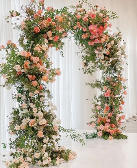 August Wedding Colors, Simple Wedding Arch, Coral Wedding Decorations, Pink Floral Decor, White Wedding Arch, Coral Wedding Flowers, Wedding Archway, Floral Arch Wedding, Wedding Arch Rustic