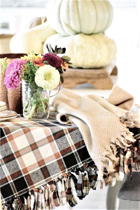 Fall Blanket Making, Fall Flannel Party Decor, No Sew Tablecloth, Glasshouse Aesthetic, Fall Tablecloth Ideas, Diy Fall Blankets, Flannel Throw Blanket, Making Fall Blankets, Diy Fall Throw Blanket